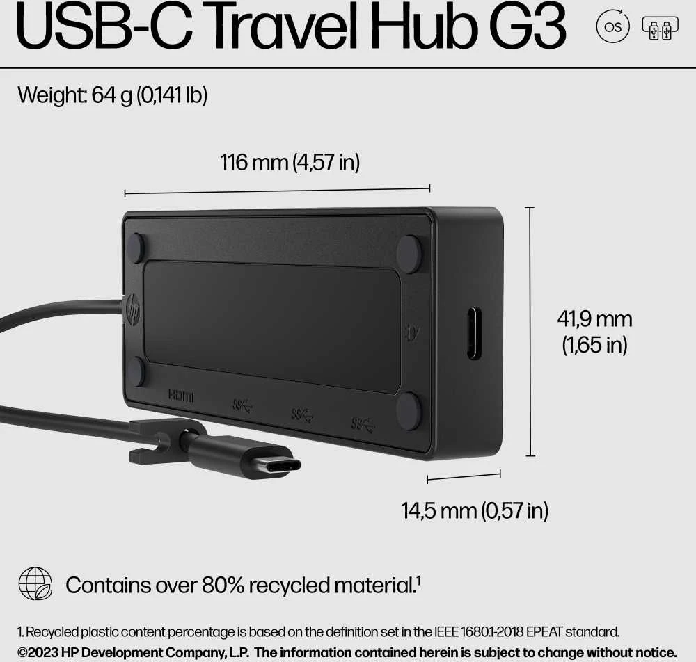 HP USB-C Travel Hub G3 90W – 2 x USB-C, 2 x USB 3.0, 1 x HDMI (iki 4K/60Hz), 1 metai