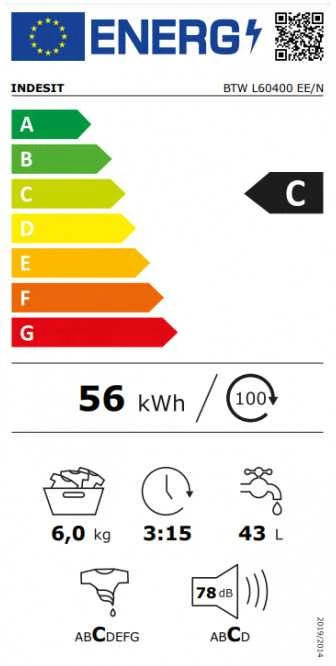 INDESIT | Skalbimo mašina | BTW L60400 EE/N | Energy efficiency class C | Top loading | Skalbimo talpa 6kg | 950 RPM | Gylis 60 cm | Plotis 40 cm | Baltas