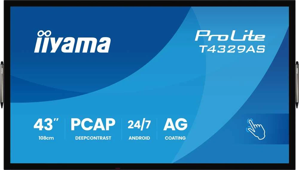Monitorius „iiyama“ 43 colių interaktyvus daugiafunkcis ekranas su „Android 14“ operacine sistema, „Zero Gap Air Bonding“ – „DeepContrast PCAP“, 20 taškų jutikliniu ekranu