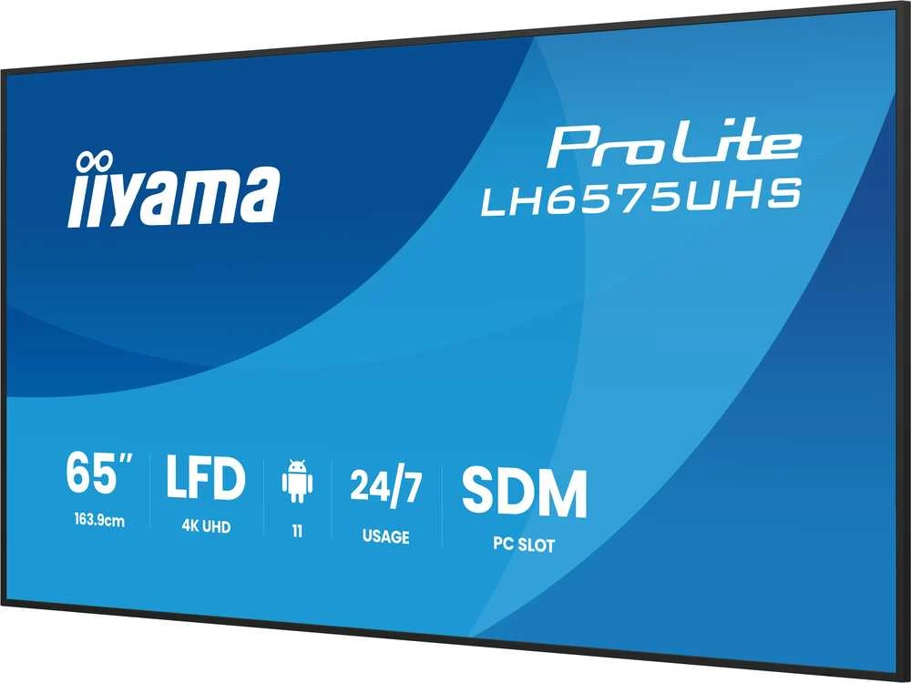 Monitorius „Iiyama LH6575UHS-B2AG“ 65 colių 4K UHD profesionalus skaitmeninis reklaminis ekranas, veikiantis visą parą, su „Android“ OS, „FailOver“ ir „Intel® SDM“ lizdu.