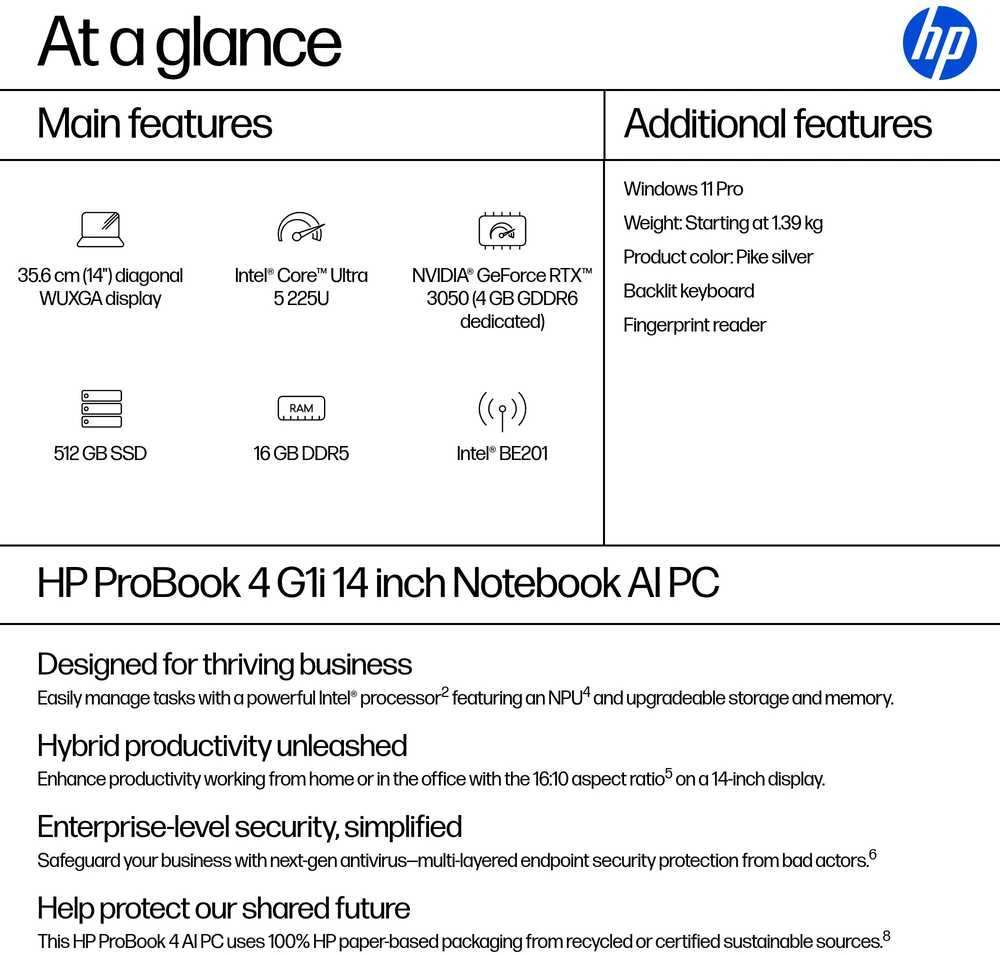Nešiojamas kompiuteris HP ProBook 4 G1i 14 - Ultra 5-225U, 16GB, 512GB SSD, 14 WUXGA 300-nit AG, 1080p non-IR cam, FPR, US backlit klaviatūra, 56Wh, Win 11 Pro, 1 metai