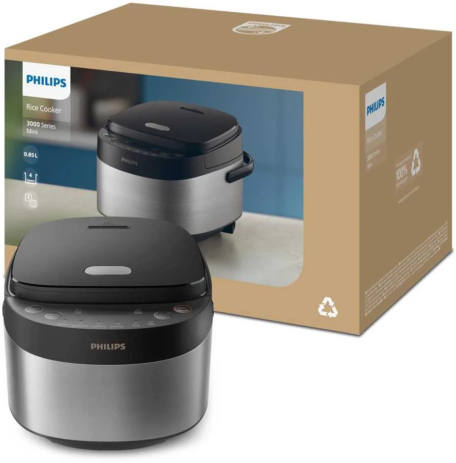 „Philips“ mini ryžių viryklė | HD3093/80 3000 serija | 600 W | 0,85 l | Programų skaičius: 8 | Nerūdijančio plieno / Juodas