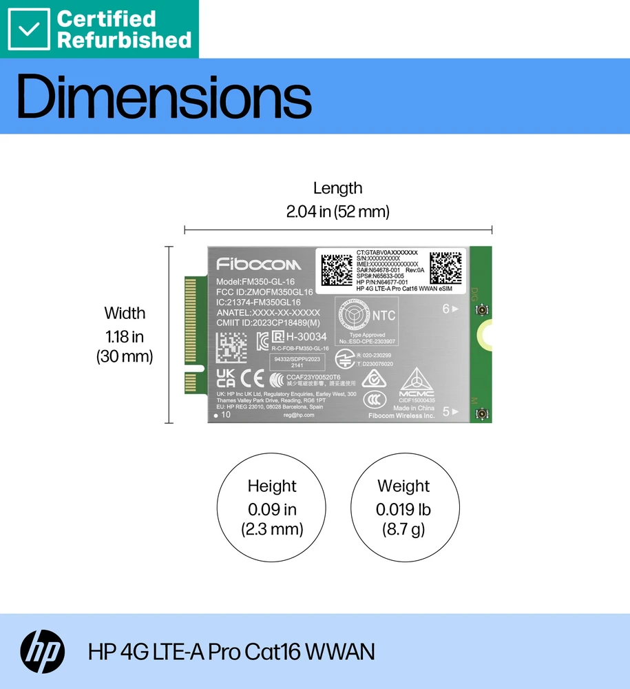 Hewlett Packard (HP) RENEW GOLD HP 4G LTE Modem m.2 WWAN Cat 16 L860-GL-16 Mobile Broadband Cellular (compatible with WWAN-ready EliteBook 630 640 645 660 830 840 860 1040 G11, x360 G11, ProBook 440 460 465 G11, ZBook Firefly Fury Power 14 16 G11 G11A) (Atnaujinta)