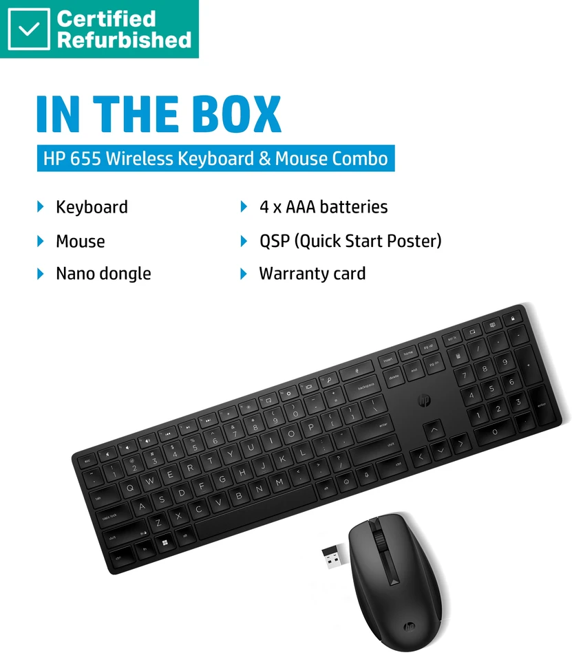 Hewlett Packard (HP) RENEW GOLD HP 655 Wireless Pelė Klaviatūra Combo, spill resistant - Juodas - US ENG (Atnaujinta)