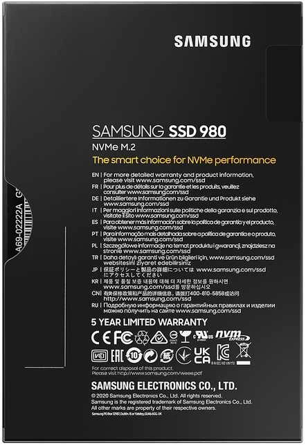 Kietasis diskas Samsung V-NAND SSD 980 500 GB, SSD form factor M.2 2280, SSD sąsaja M.2 NVME, Rašymo greitis 3000 MB/s, Skaitymo greitis 3500 MB/s