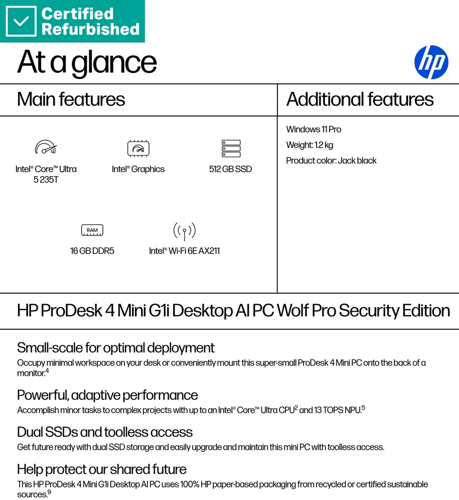Hewlett Packard (HP) RENEW Sidabrinis HP ProDesk 4 G1i Mini - Ultra 5-235, 16GB, 512GB SSD, No Mouse, Win 11 Pro, 1 metai (Atnaujinta)