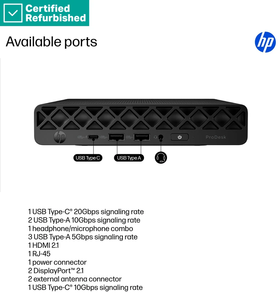 Hewlett Packard (HP) RENEW Sidabrinis HP ProDesk 4 G1i Mini - Ultra 5-235, 16GB, 512GB SSD, No Mouse, Win 11 Pro, 1 metai (Atnaujinta)