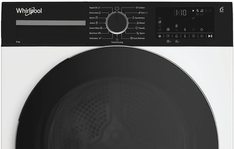 „Whirlpool“ džiovyklė | WPS D8 WBS EE | Energijos vartojimo efektyvumo klasė D | Priekinis pakraunamas | 8kg | Šilumos siurblys | Skaitmeninis | Gylis 55 cm | Baltas