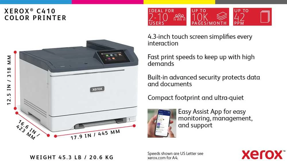 Spausdintuvas „Xerox C410“ A4, 40 psl./min., dvipusis spausdinimas, spausdinimas PS3, PCL5e/6, 2 dėklai, 251 lapas