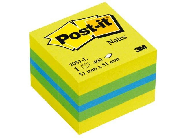 3M Lipnių lapelių kubas Post-it Mini Lemon, 51 x 51 mm, 400 lapelių, įvairios spalvos