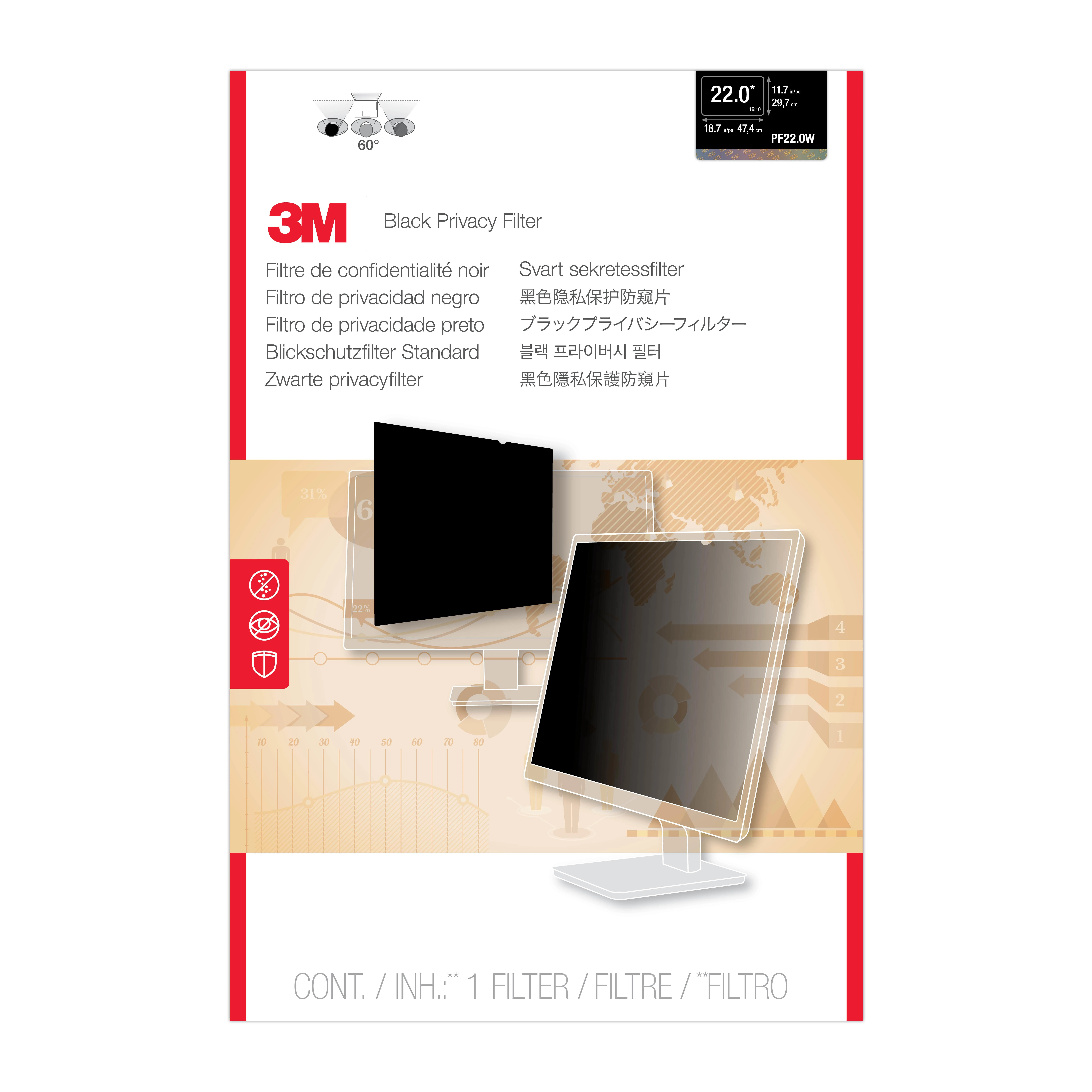 3M PF22.0W Privacy Filter for LCD Monitorius 22.0" Juodas, 47.4 x 29.7 mm