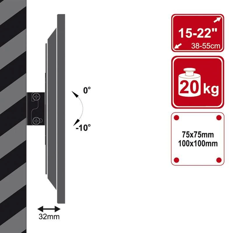 4World LCD/PDP sieninis laikiklis 15-22"