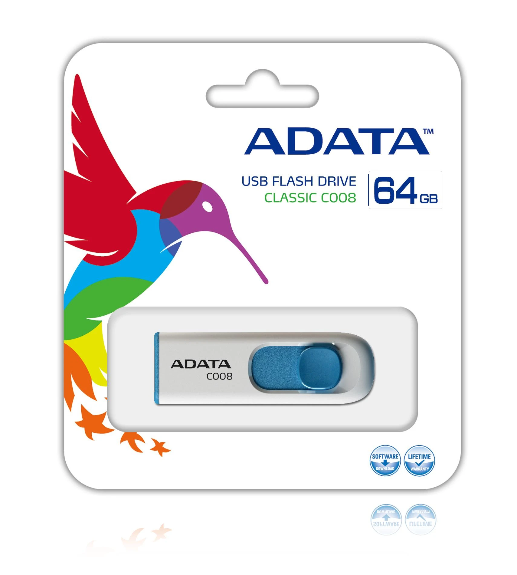 Ištraukiamas atmintukas Adata C008 64GB Baltas/Mėlynas