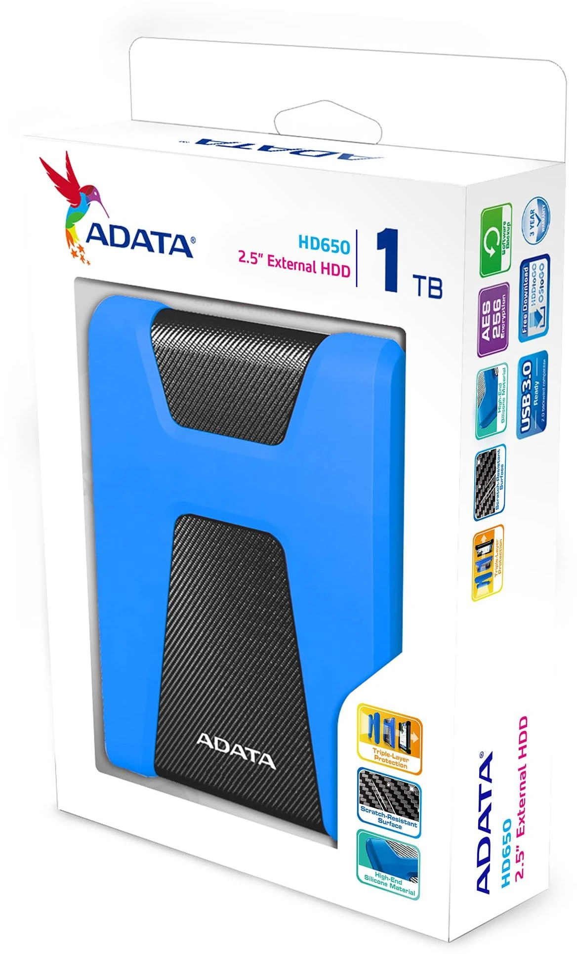 Kietasis išorinis diskas Adata HD650 1TB 2.5", USB 3.1 (suderinama su USB 2.0), Mėlynas