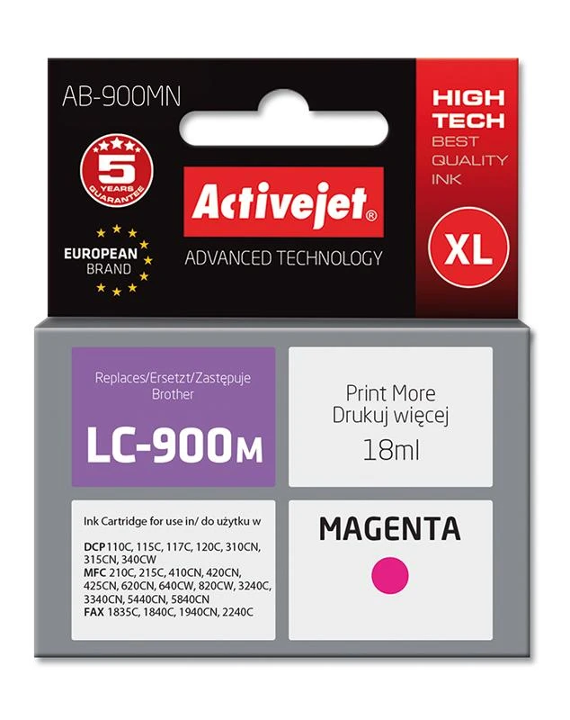 Toneris Activejet AB-900MN rašalas, skirtas Brother spausdintuvams; Brother LC900M pakeitimas; Aukščiausias; 17,5 ml; purpurinė
