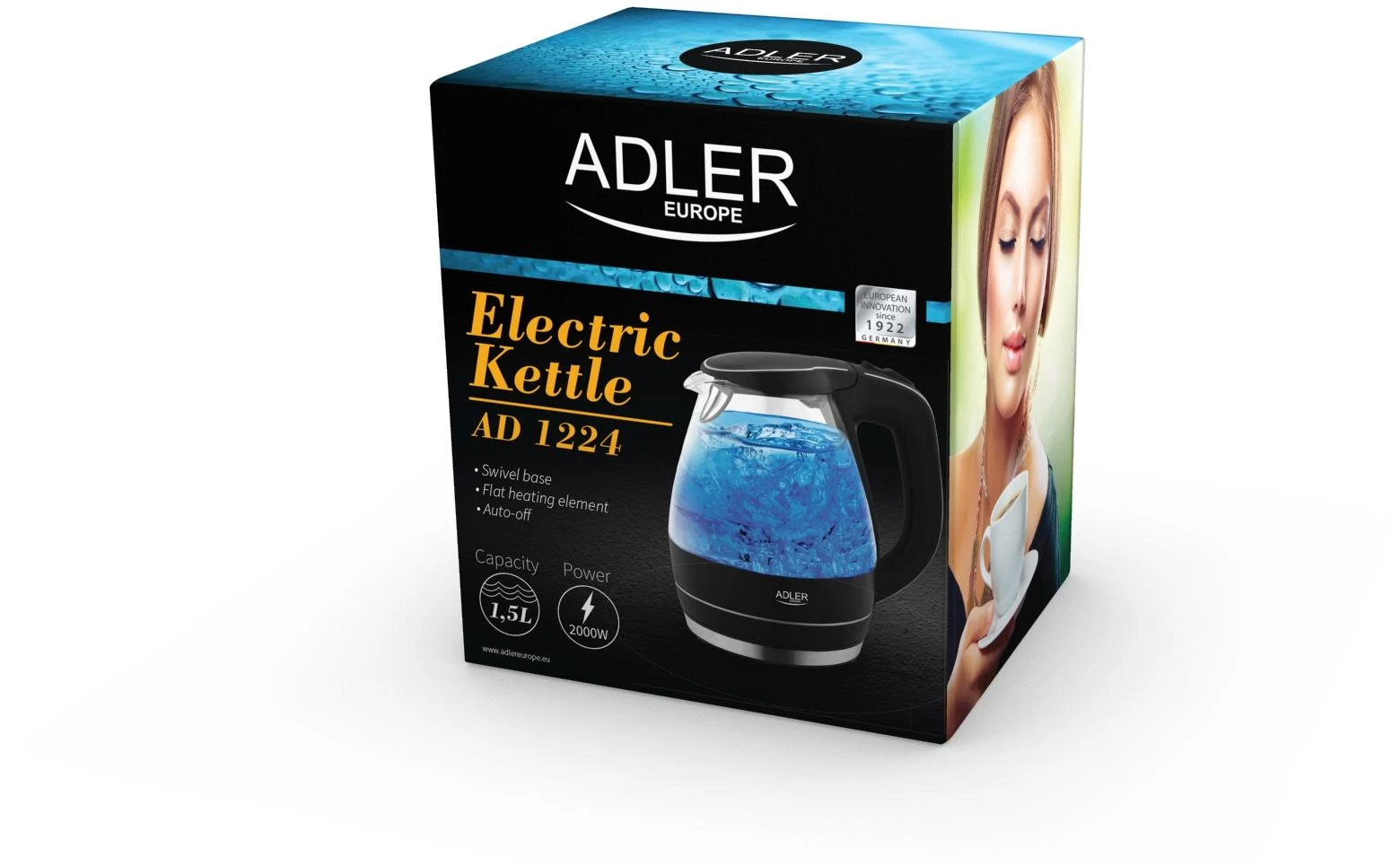 Adler | Virdulys | AD 1224 | Standard | 2000 W | 1.5 L | Glass | 360° rotational base | Juodas