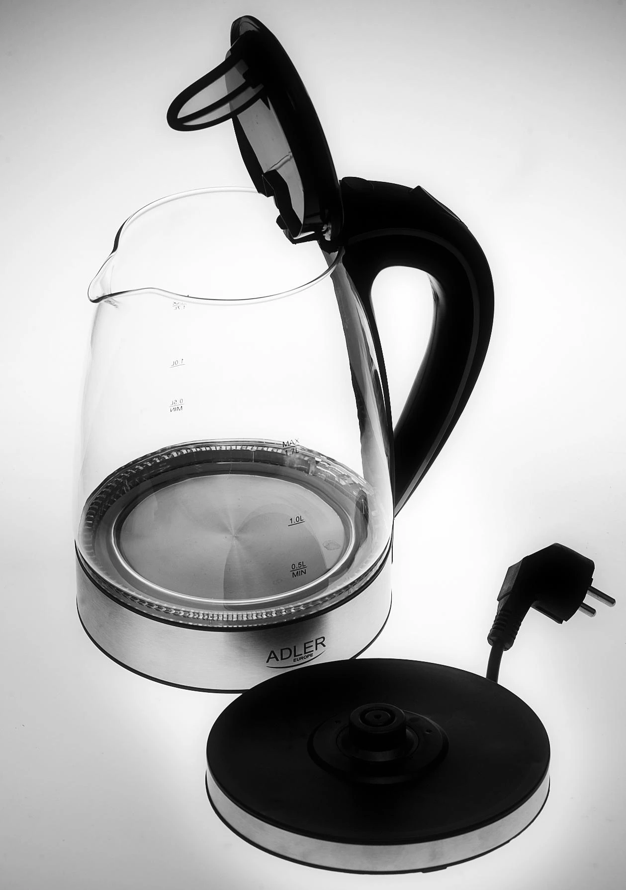 Adler | Virdulys | AD 1225 | Standard | 2000 W | 1.7 L | Glass | 360° rotational base | Nerūdijantis plienas/Transparent