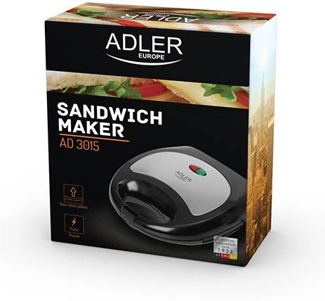 Sumuštinių keptuvas Adler | Sumuštinių keptuvė | AD 3015 | 750 W | Lentelių skaičius 1 | Kepinių skaičius 2 | Juodas