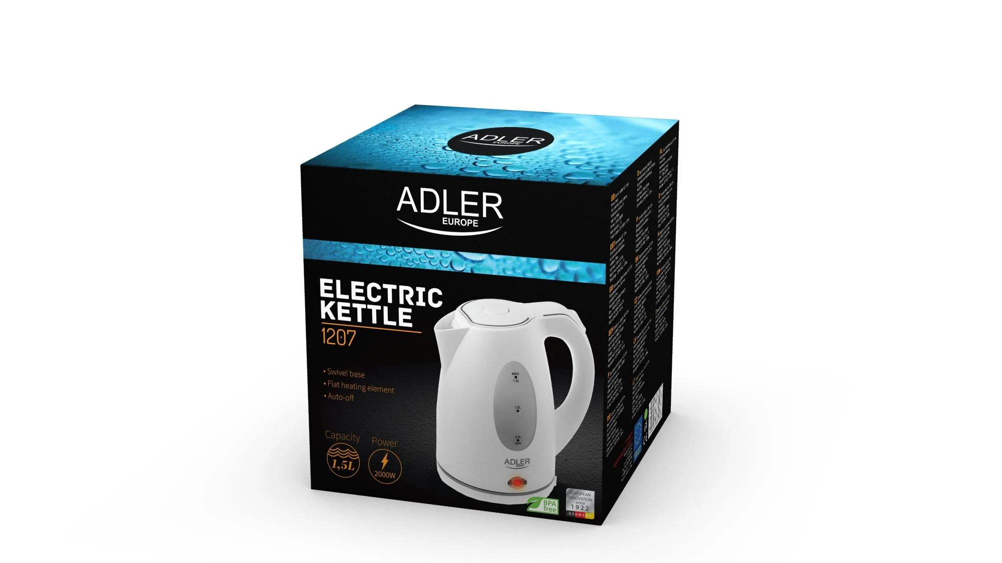 Adler | Virdulys | AD 1207 | Standartinis | 2000 W | 1,5 l | Plastikas | 360° sukamasis pagrindas | Baltas