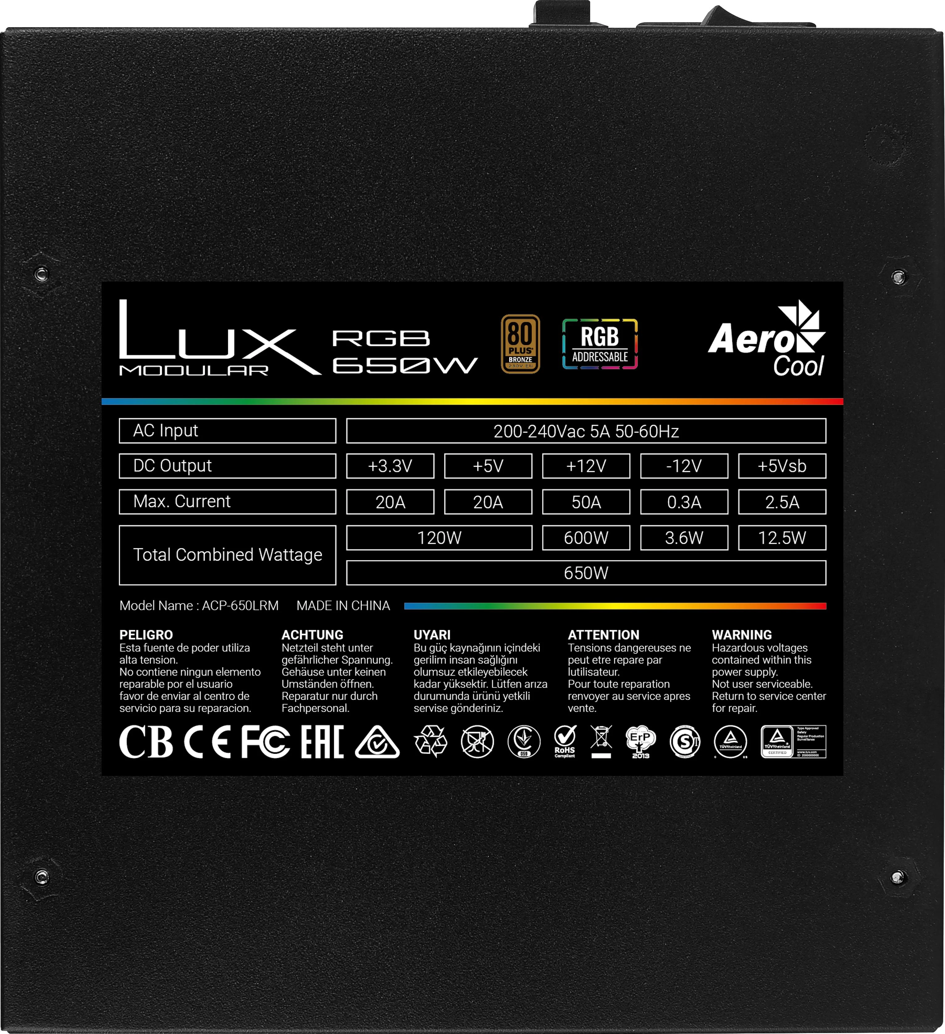 AEROCOOL AEROPGSLUXRGB-650 PSU ATX AeroCool LUX 650W RGB 80 PLUS bronzos