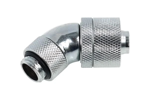 „Alphacool HF“ jungtis, 45 laipsnių, G1/4 colio, vidinis sriegis, 16/10 mm, pasukama, chromuota, sidabrinė