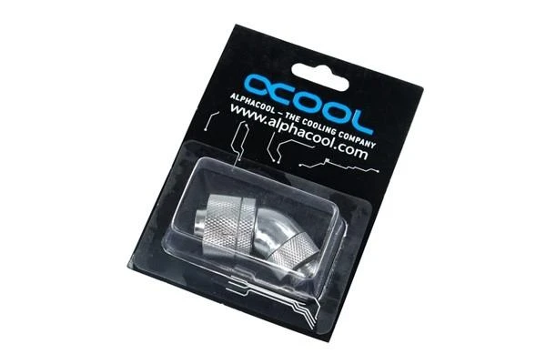 „Alphacool HF“ jungtis, 45 laipsnių, G1/4 colio, vidinis sriegis, 16/10 mm, pasukama, chromuota, sidabrinė