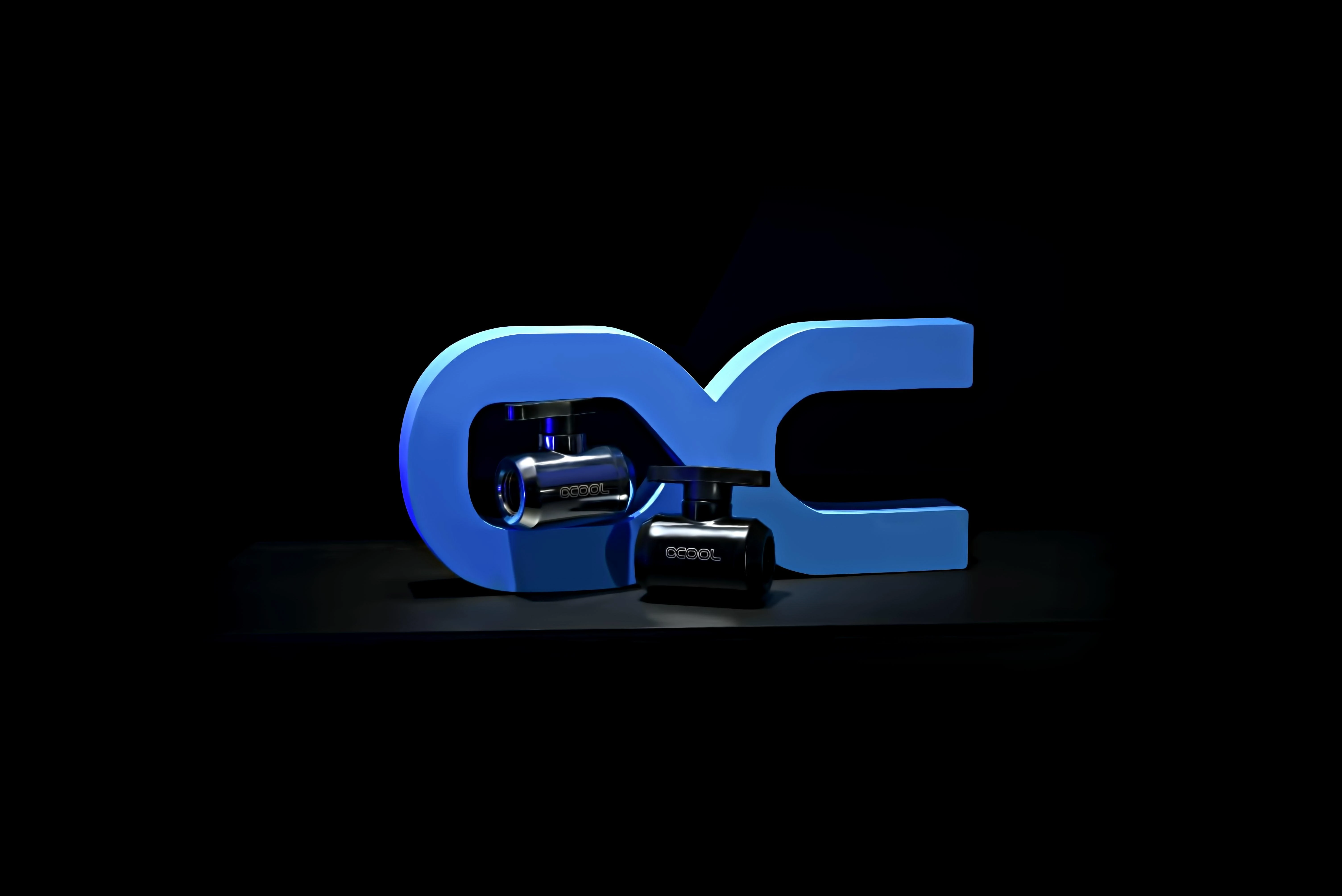 Alphacool rutuliniai vožtuvai prie OC logotipo