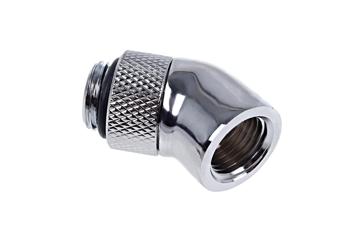 „Alphacool“ jungties adapteris, 45 laipsnių, G1/4 colio kištukas į G1/4 colio kištuką, pasukamas, chromuotas, su jungtimi