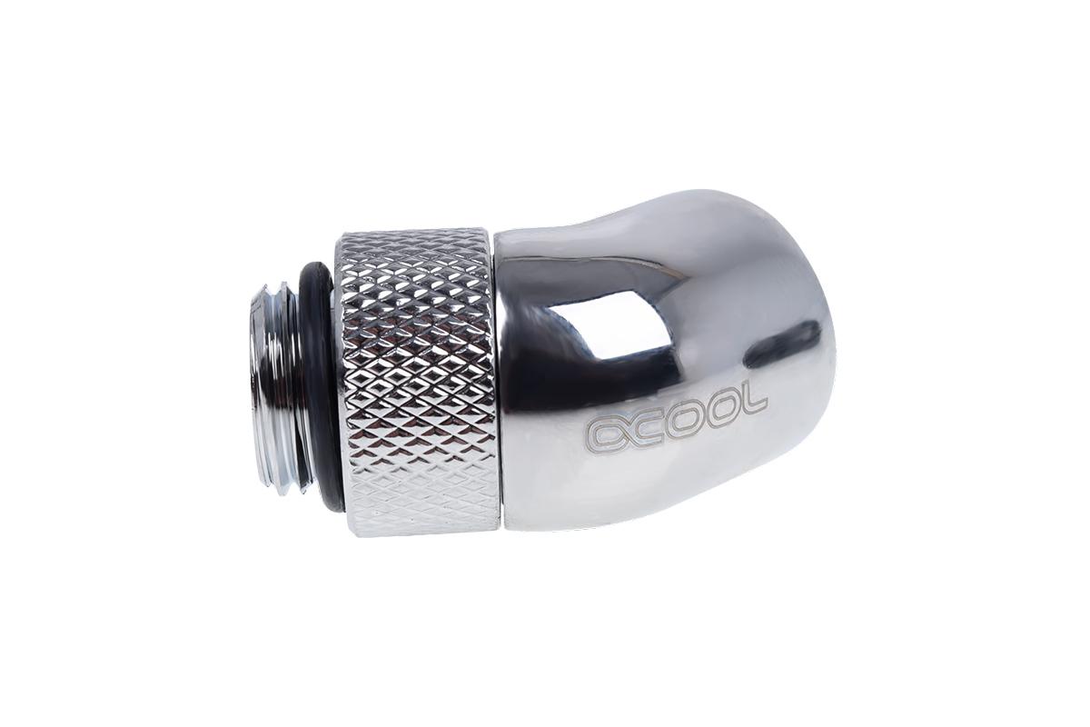 „Alphacool“ jungties adapteris, 45 laipsnių, G1/4 colio kištukas į G1/4 colio kištuką, pasukamas, chromuotas, su jungtimi