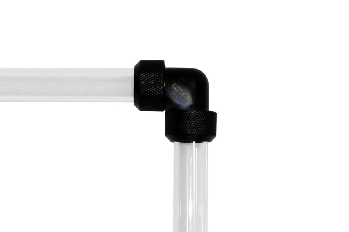 „Alphacool“ vamzdžių adapteris 90 laipsnių 16 mm išoriniam skersmeniui iki 16 mm išorinio skersmens, kieto vamzdžio – juodas