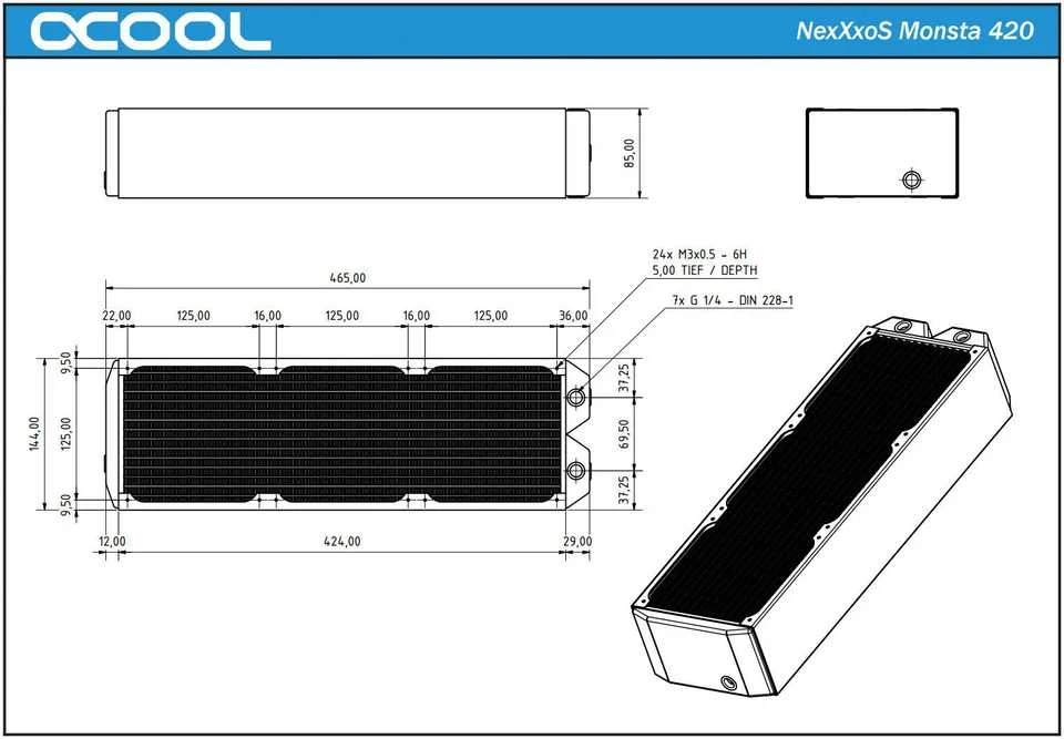 Alphacool NexXxoS Monsta 420 techninių matmenų schema