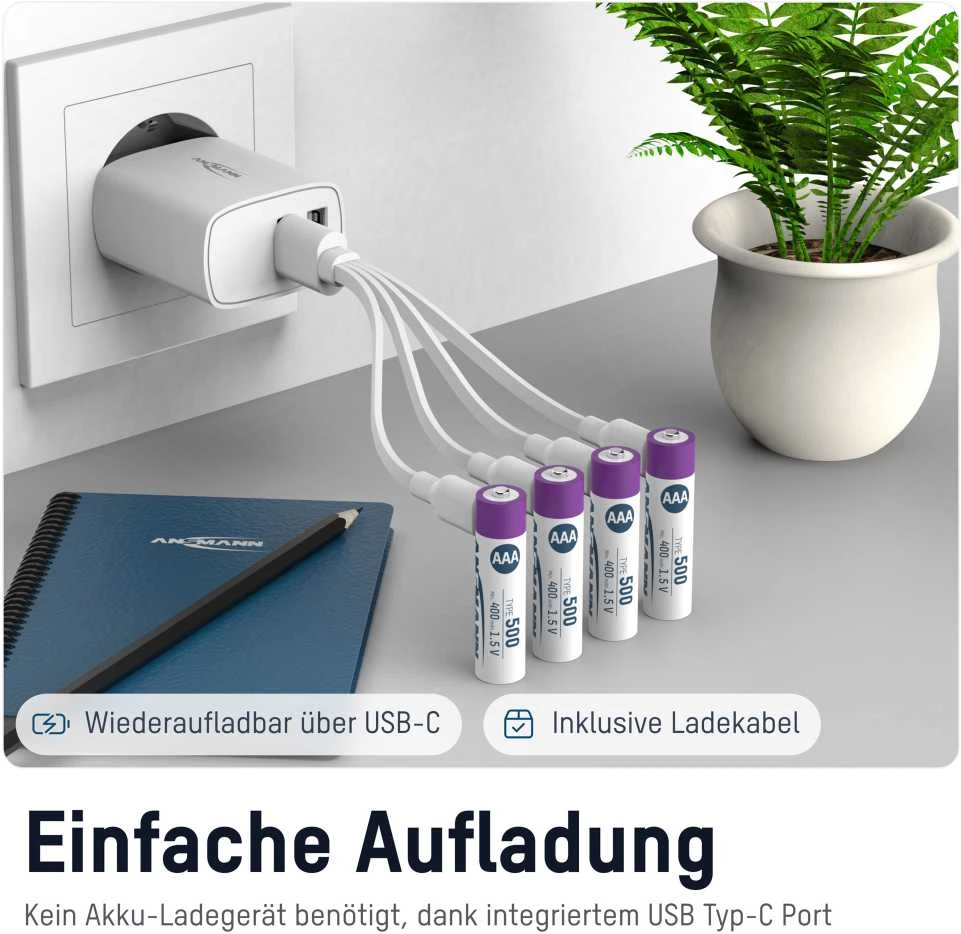 Ansmann AAA akumuliatoriai su USB-C įkrovimo laidu