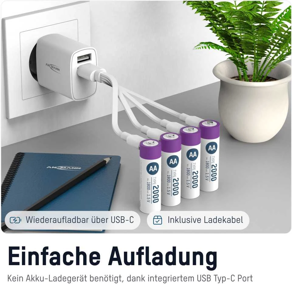 Ansmann AA baterijos kraunamos USB-C laidu