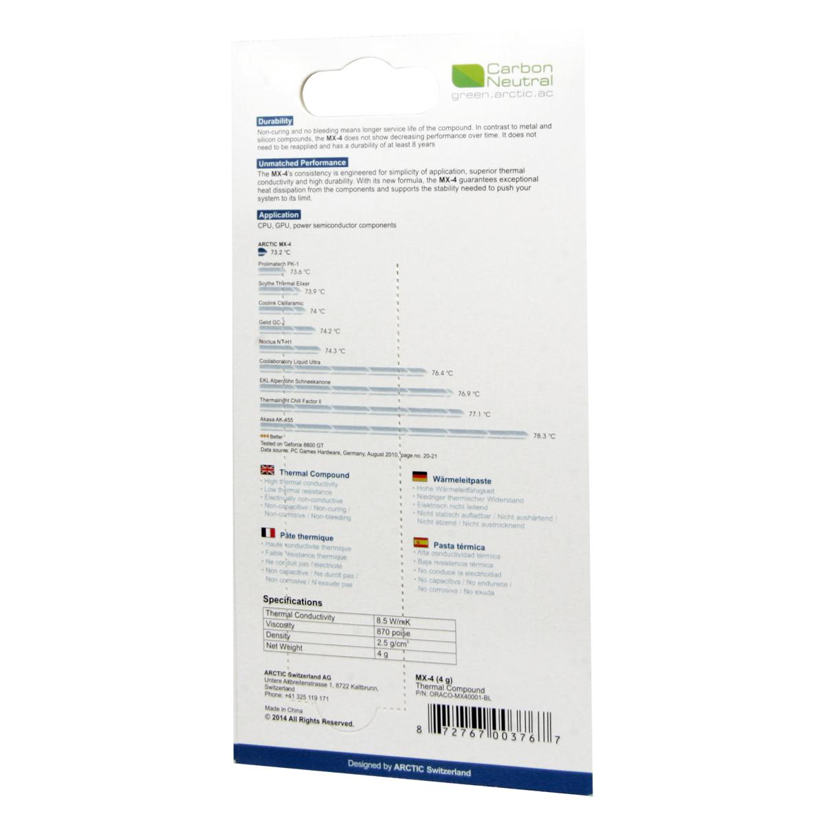 Arctic MX-4 (4 g) – didelio efektyvumo terminė pasta – 8,5 W/m·K – 2,5 g/cm³ – 4 g – 32 mm – 21 mm – 159 mm