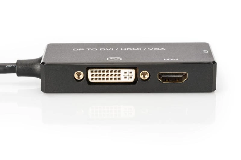 Šakotuvas Assmann Electronic ASSMANN DisplayPort konverteris kabelis DP - HDMI+DVI+VGA M-F/F/F 0 2m 3 in 1 Multi-Media kabelis CE bl auksinis