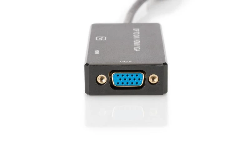 Šakotuvas Assmann Electronic ASSMANN DisplayPort konverteris kabelis DP - HDMI+DVI+VGA M-F/F/F 0 2m 3 in 1 Multi-Media kabelis CE bl auksinis