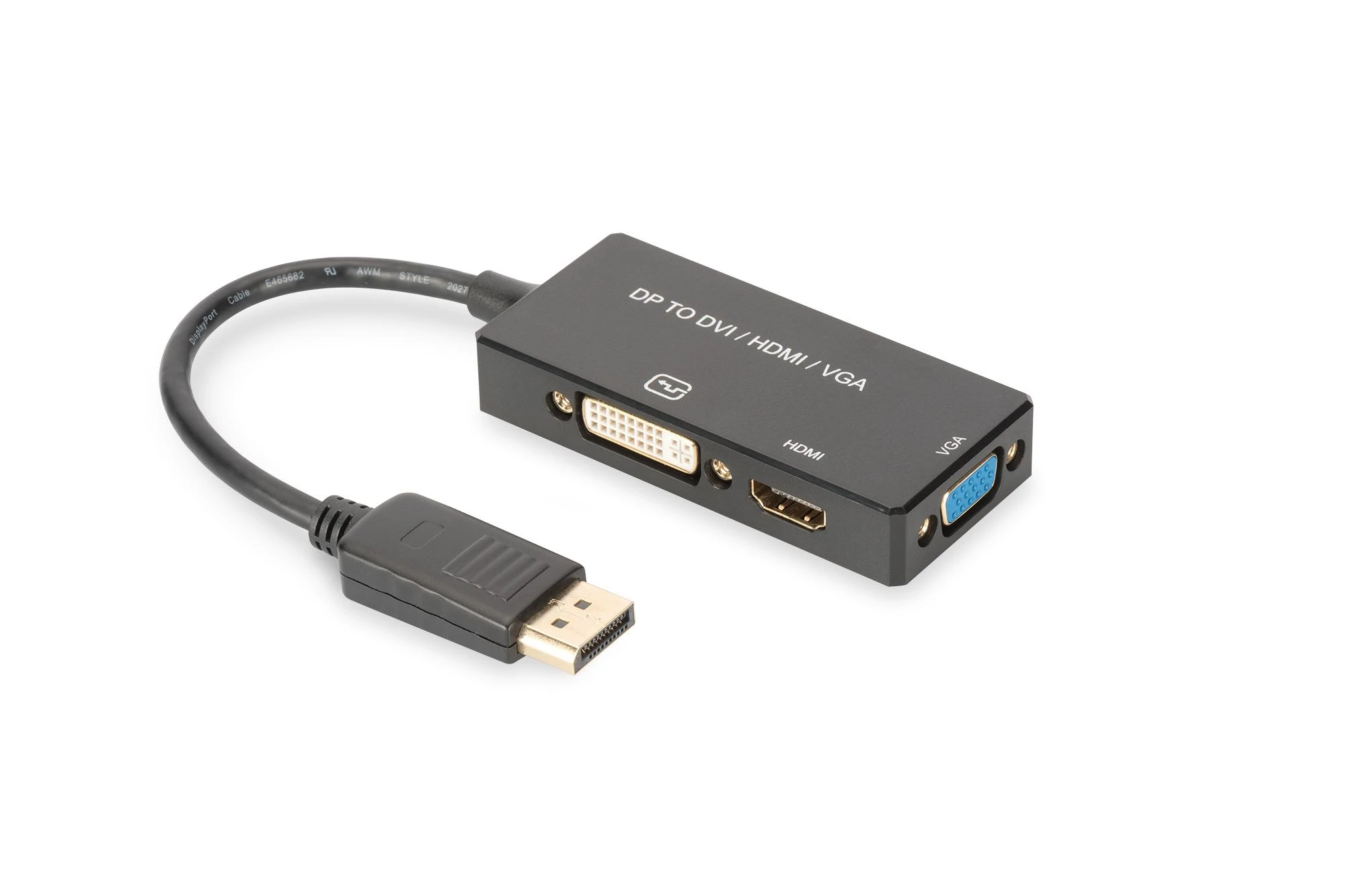 Šakotuvas Assmann Electronic ASSMANN DisplayPort konverteris kabelis DP - HDMI+DVI+VGA M-F/F/F 0 2m 3 in 1 Multi-Media kabelis CE bl auksinis