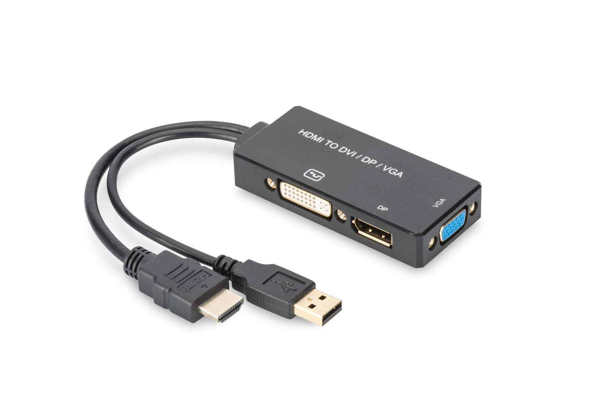 Assmann Electronic ASSMANN HDMI konverteris kabelis HDMI - DP+DVI+VGA M-F/F/F 0 2m 3 in 1 Multi-Media kabelis CE bl auksinis