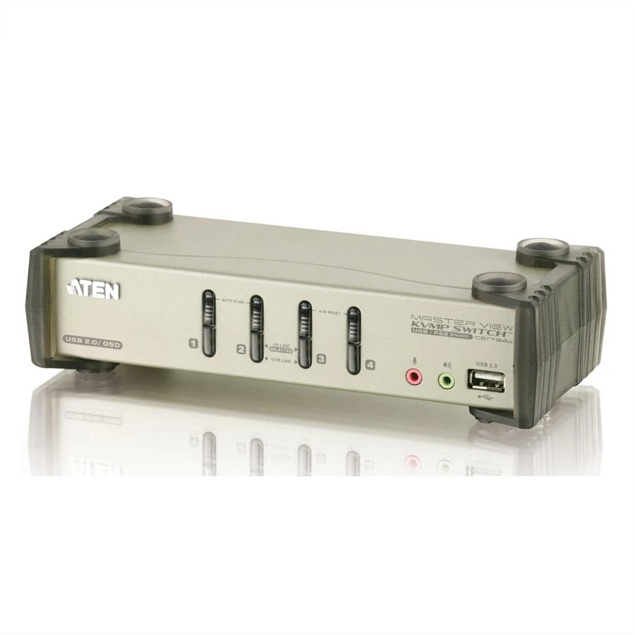 ATEN CS1734B-A7-G ATEN CS1734B 4 prievadų USB 2.0 KVMP jungiklis OSD, 4x USB kabeliai, 2 prievadų šakotuvas, garsas