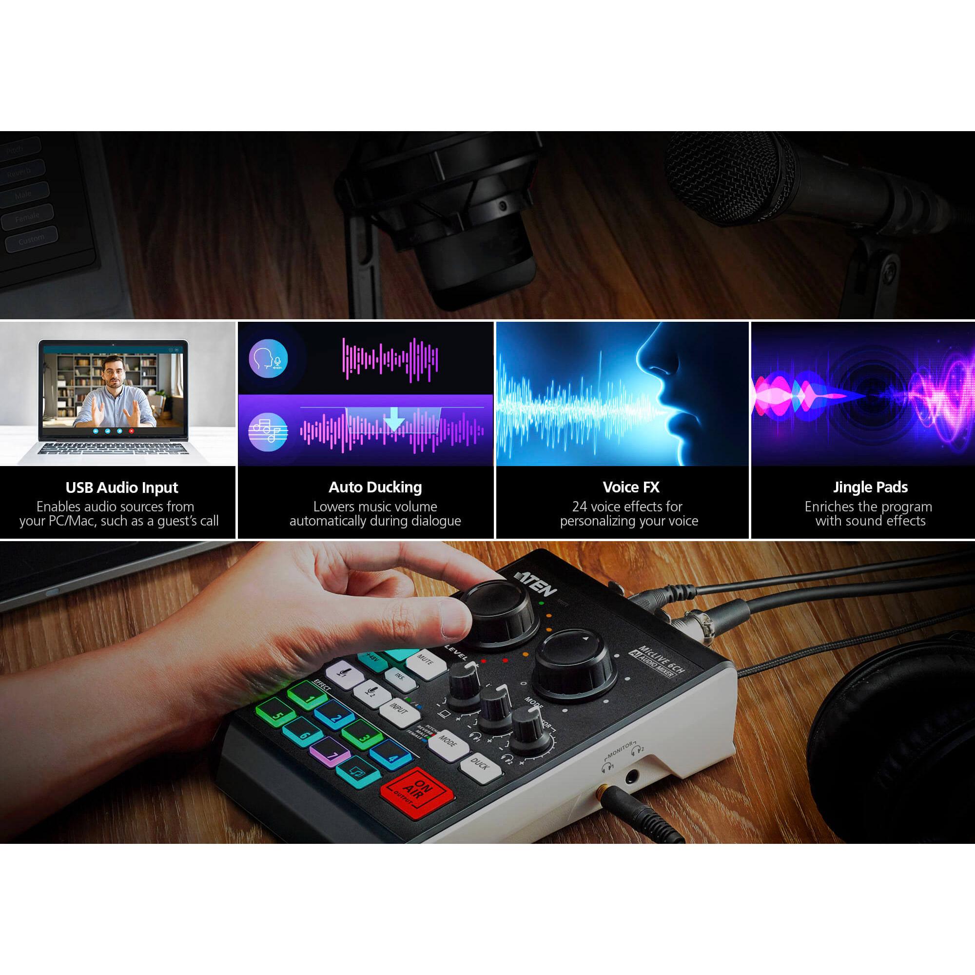 ATEN UC8000 podcast AI garso maišytuvas MicLIVE 6-CH