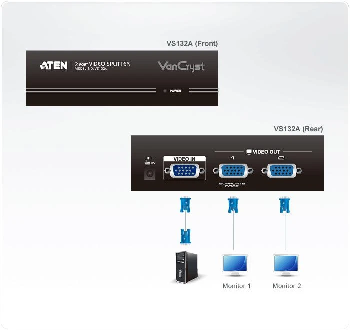 Adapteris ATEN VS-132A (D-Sub (VGA), 2x D-Sub (VGA))
