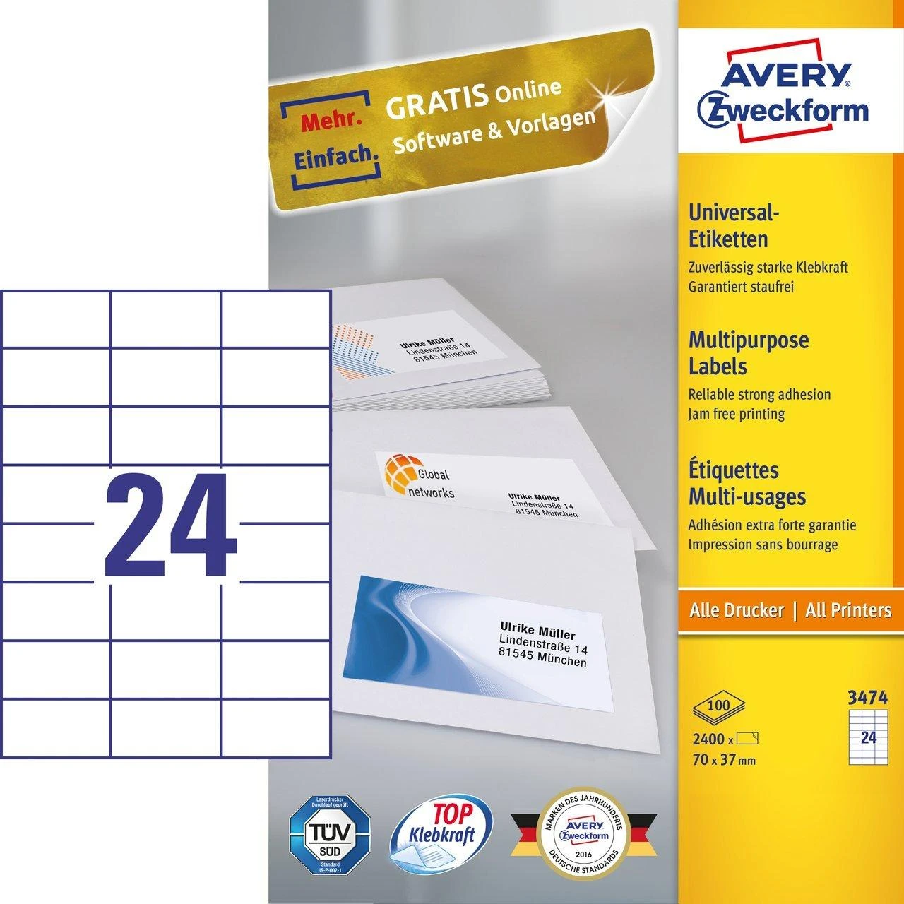 Lipnios etiketės Avery Zweckform, A4, 70x37mm, 24 etiketės lape, be rėmelio, 100 lapų, baltos spalvos