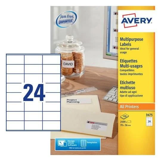 Lipnios etiketės Avery Zweckform, A4, 70x36mm, 24 etiketės lape, 100 lapų, baltos spalvos