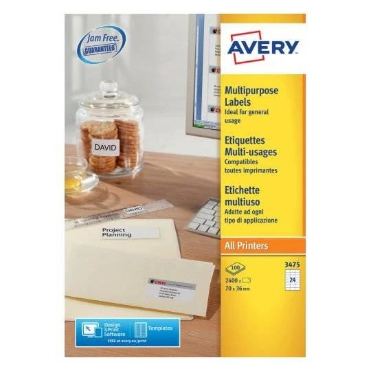 Lipnios etiketės Avery Zweckform, A4, 70x36mm, 24 etiketės lape, 100 lapų, baltos spalvos