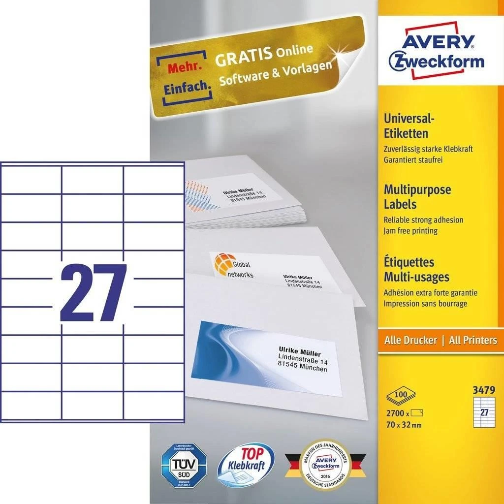 Lipnios etiketės Avery Zweckform, A4, 70x32mm, 27 etiketės lape, 100 lapų, baltos spalvos