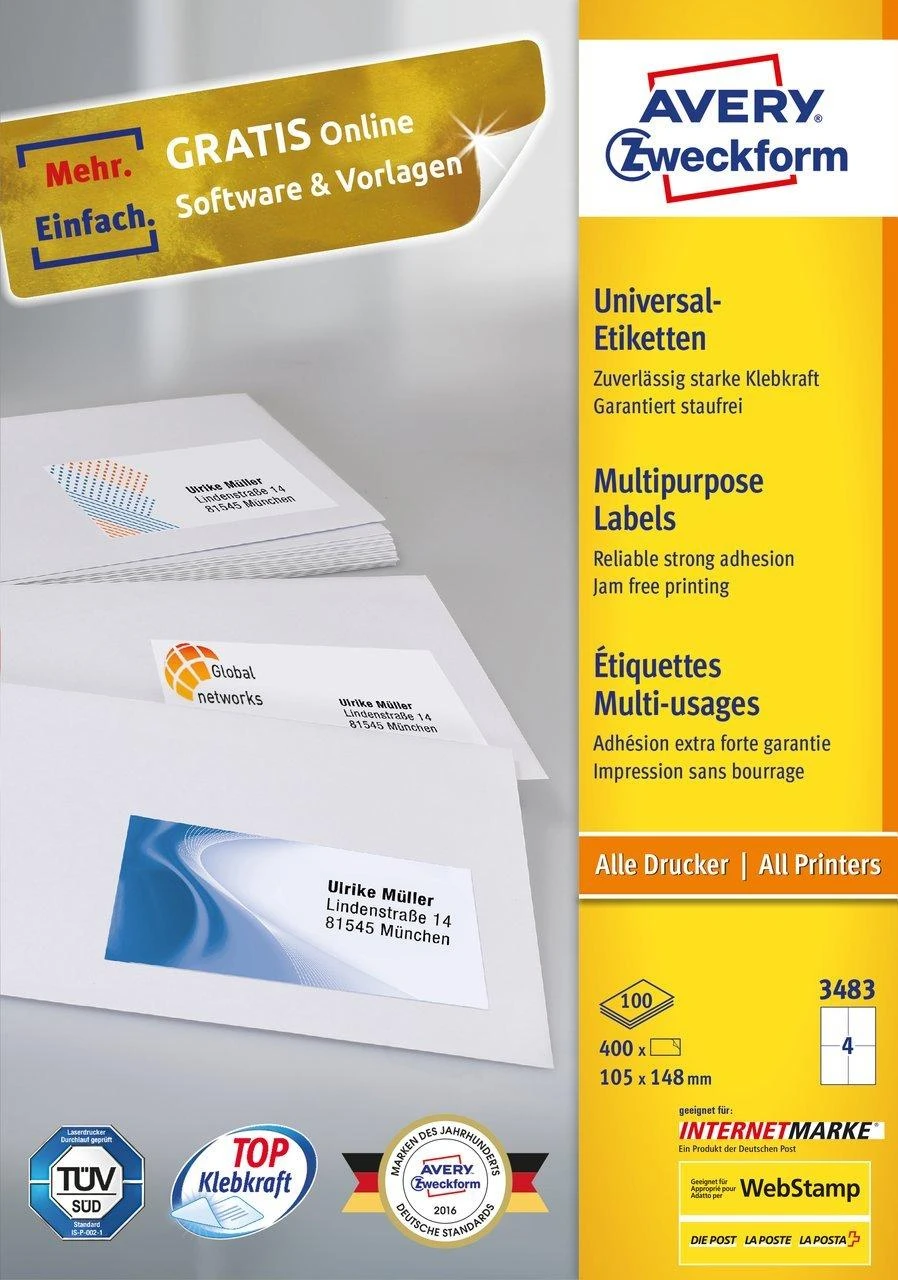 Lipnios etiketės Avery Zweckform, 105x148mm, 4 etiketės lape, 100 lapų, baltos spalvos