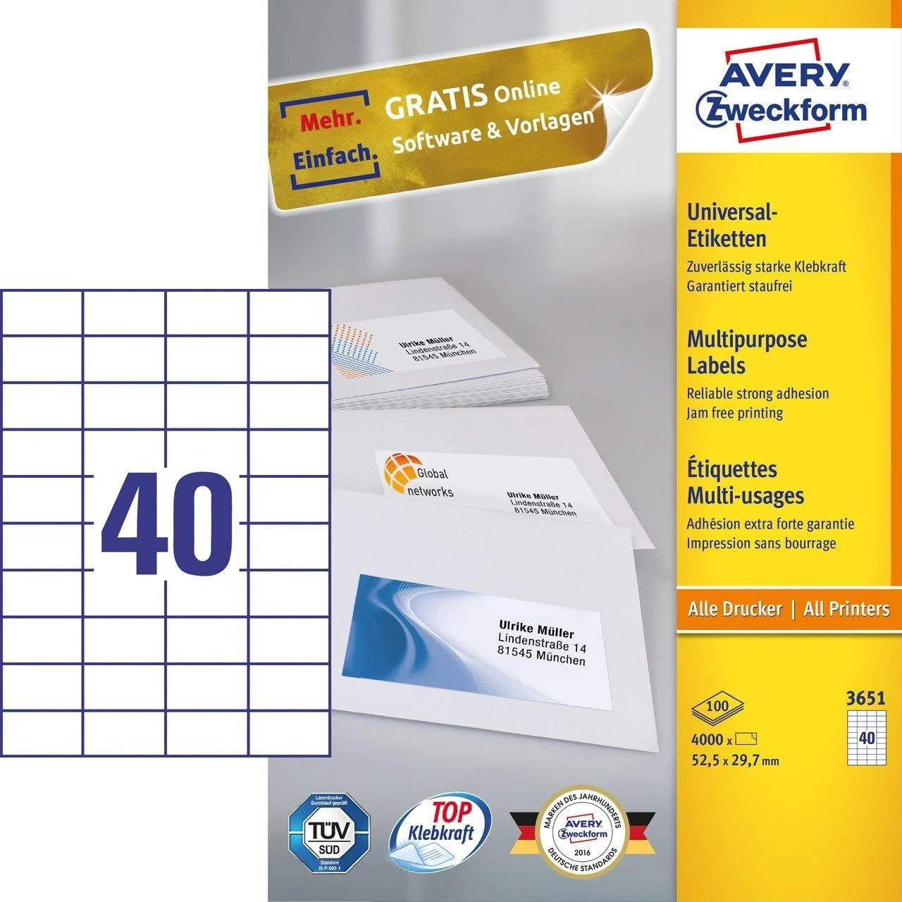 Lipnios etiketės Avery Zweckform, A4, 52.5×29.7mm, 40 etikečių lape, be rėmelio, 100 lapų, baltos spalvos