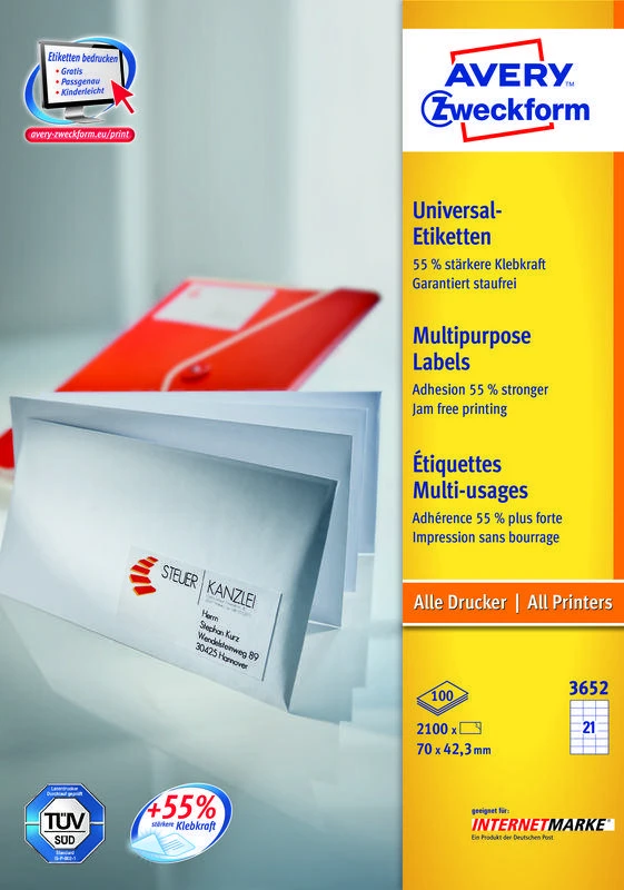 Etiketė - Avery Zweckform 3652 70x42.3mm A4 Balta