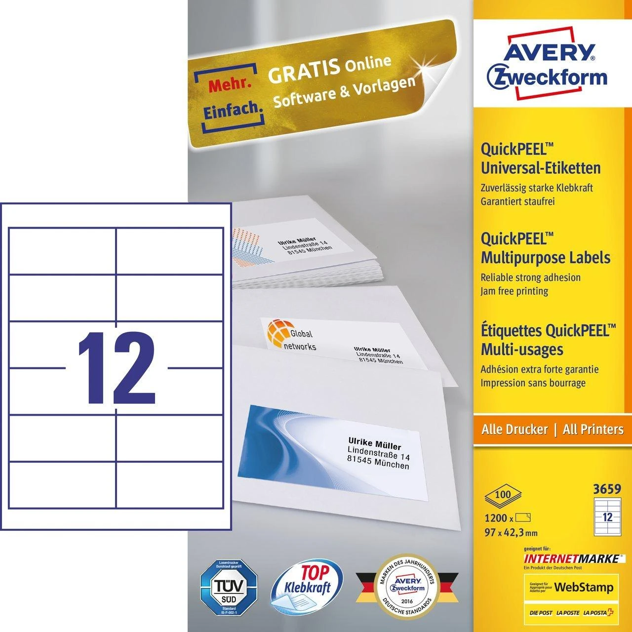 Lipnios etiketės Avery Zweckform, A4, 97x42,3mm, 12 etikečių lape, 100 lapų, baltos spalvos
