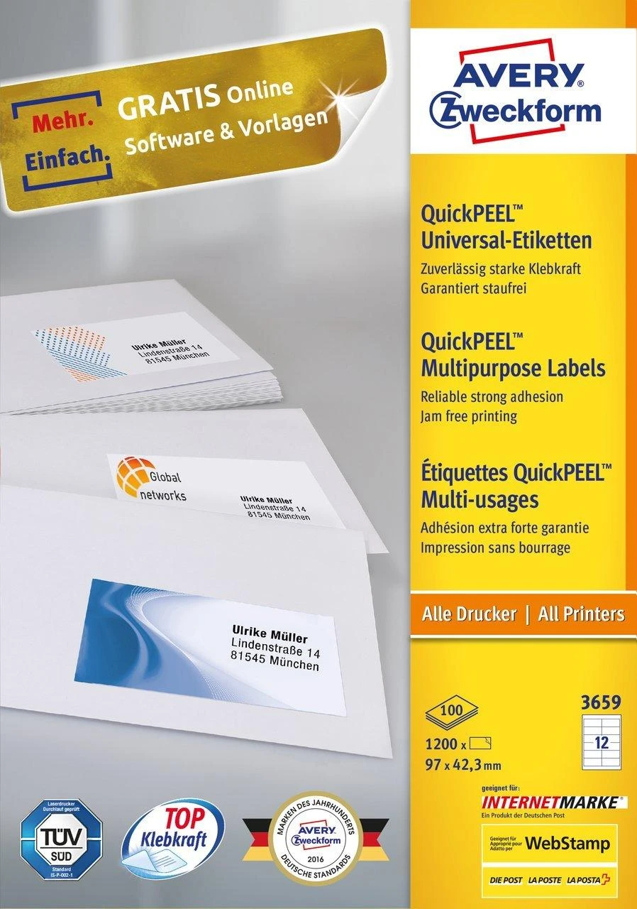 Lipnios etiketės Avery Zweckform, A4, 97x42,3mm, 12 etikečių lape, 100 lapų, baltos spalvos